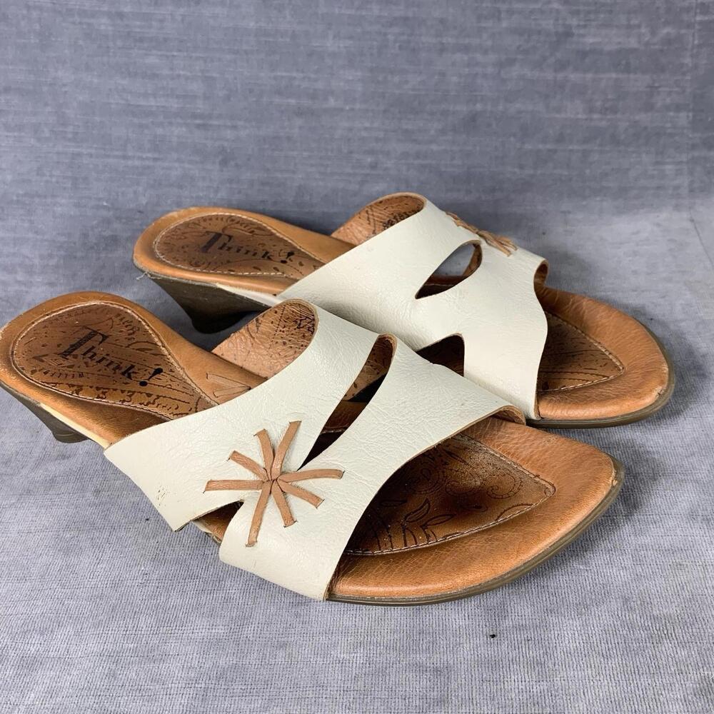 Think Womens Size 38 White Leather Slip On Heeled Sandals Shoes 82183
